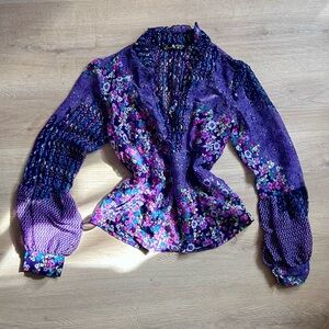 SLPASH 90’s Vintage Purple Floral V-Neck Long-Sleeve Blouse, Whimsygoth